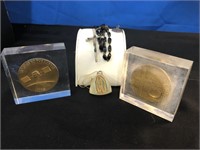 Vintage Religious Rosary, Pendant, 2 encased Coins