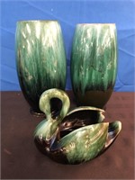 2 Blue & Green Glazed Pottery Vases