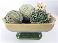 Green and White Ball/Plant Decor W/ Ceramic pot
