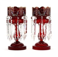 Pair of ruby bohemian glass and drop prism lusters