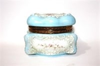 Handpainted opaline glass box with white-blue