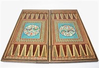 Handpainted antique backgammon wood and enamel set
