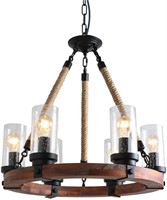 Anmytek  Round Wooden Chandelier with Seeded Glass