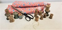 Old wood thread spools & old fabric, 2 yards