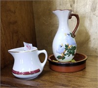 Ceramic creamer, bird vase and dish