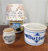 Lot of 2 small crocks and 1 candle with porcelain