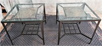 2 MATCHING METAL FRAME GLASS TOP END TABLES,