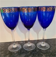 (3) Blue and Gold Wine Glasses