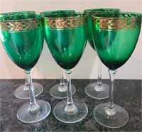 (6) Green and Gold Wine Glasses