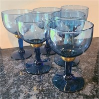 (6) Blue Wine Glasses with Gold Accent