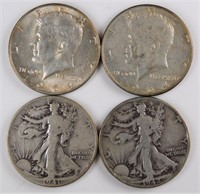1964 Kennedy & Walking Liberty Half Dollars (4)