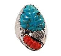 Sterling Signed Navajo Ring Turquoise Coral Sz. 13