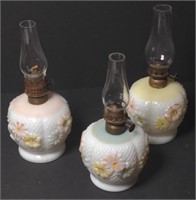 Trio of Consolidated Glass Cosmos Oil Lamps