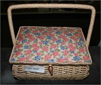 VINTAGE WICKER SEWING BASKET W/CONTENTS