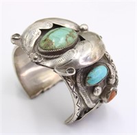 Signed OTHO JML Turquoise & Coral Sterling Cuff