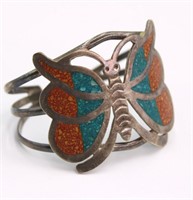 Inlaid Mexican Plated Silver Butterfly Cuff