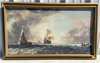 Framed print - seascape with ships approx 27”x45”