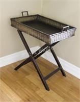 Wicker & Wood Butler Tray With Folding Wood Stand