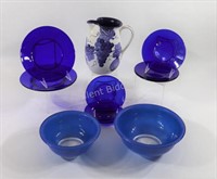 Cobalt Blue Plates, Wine Pitcher & Pyrex Bowls
