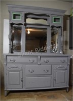 Antique Grey Pained Wood Sideboard Hutch & Buffet