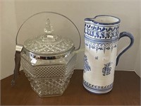 Crystal Ice Bucket and Spanish Handpainted Pitcher