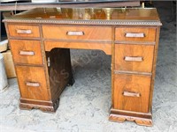 vintage walnut desk w/ glass top