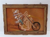 Vintage Framed Skeleton on Motorcycle Painting