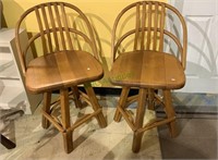 Two matching oak table barstools - double hoop