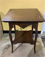 Antique oak square top side table with a shelf
