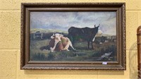 Antique oil painting 2 cow steers in the field -
