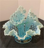 Fenton blue glass epergne fluted vase with
