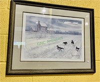 Framed winter geese on the farm print, by Harry