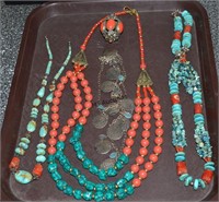Lot Of Turquoise Coral Jewelry & Coin Necklace!