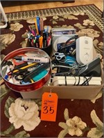 Box lot assorted pens, remotes, scissors, CDs