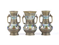 Three antique japanese champlevé enamelled vases