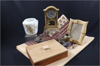 Table Cloth, Wooden Lidded Box, Resin Clock