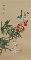 Chinese Watercolor Flower & Birds Signed Inscribed