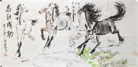Chinese Watercolor Horses Artist Signed Sealed