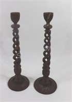 Hand Carved Twisted Wood 14" Candle Sticks