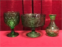 Green Glass Goblet, Compote & Vase