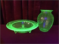 Uranium Glass Bowl & Vase