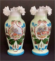 A Pair of Victorian Bristol Glass Vases w/Cows