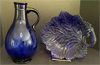 Two Pieces of Cobalt Blue Glass Leaf Bottle