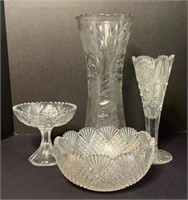 Four Pieces of Cut Glass Tall Vase & Bowls
