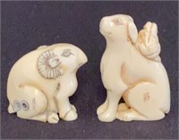 Two Carved Netsukes Ram & Rabbit