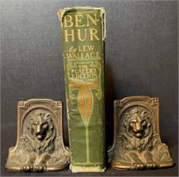 Pair of Cast Iron Bookends w/Ben Hur Book