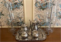 Five Piece Silver Plate Tea Set w/Hurricane Lamps