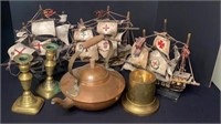 Copper Teapot Three Brass Candlesticks & Ships
