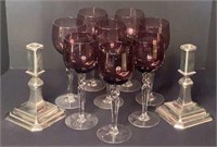 Eight Amethyst Goblets, Silver Plate Candlesticks
