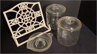 Two Storage Jars Glass Reamer Iron Cookbook Holder